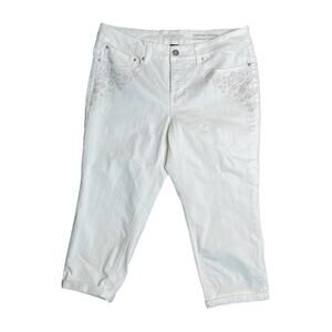 SOUND STYLE White Comfort Stretch Capri Jeans Embroidered Pockets Womens Size 16